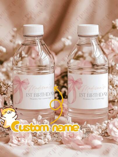 Nhãn dán bình nước hình nơ hồng tùy chỉnh, Nhãn dán bình nước sinh nhật lần thứ nhất hình nơ hồng, Trang trí tiệc mừng em bé chào đời, Trang trí tiệc sinh nhật, Nhãn dán bình nước sinh nhật, Nhãn sinh nhật bé gái hình nơ hồng