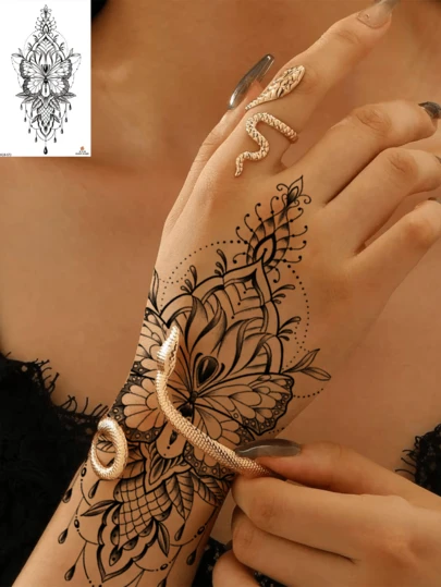 1张临时纹身贴纸，男女通用，曼陀罗海娜图案，防水，可持续2-7天，可遮盖疤痕，适用于手臂、手腕、肩膀、腿部、腰部、颈部、手部、胸部、大腿、手指等部位，适合朋友和情侣纹身。