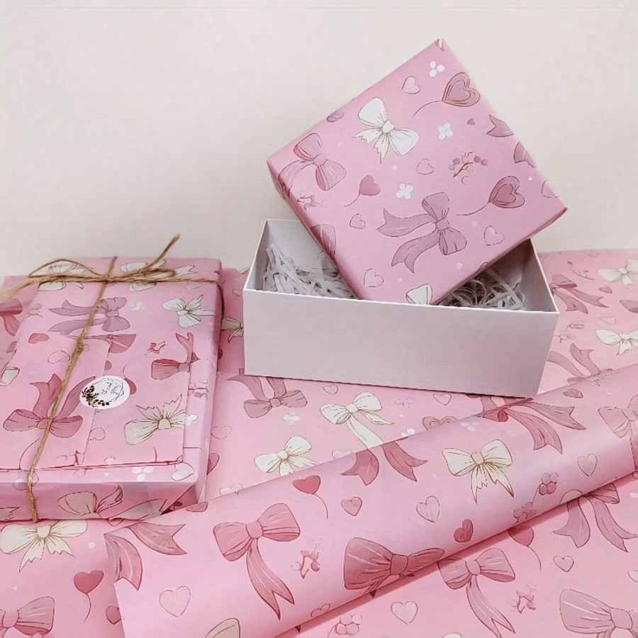 20张粉色蝴蝶结爱心礼品包装纸，带有蝴蝶结和爱心图案 - 20*14英寸，适用于DIY手工、生日、情人节包装 - 也适用于派对装饰、剪贴簿、填充物（精致纸张）