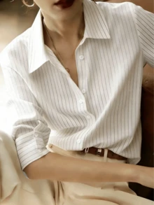 Women's Elegant Long Sleeve Striped Shirt With Collar Button, Regular Fit Spring White - White - View 3