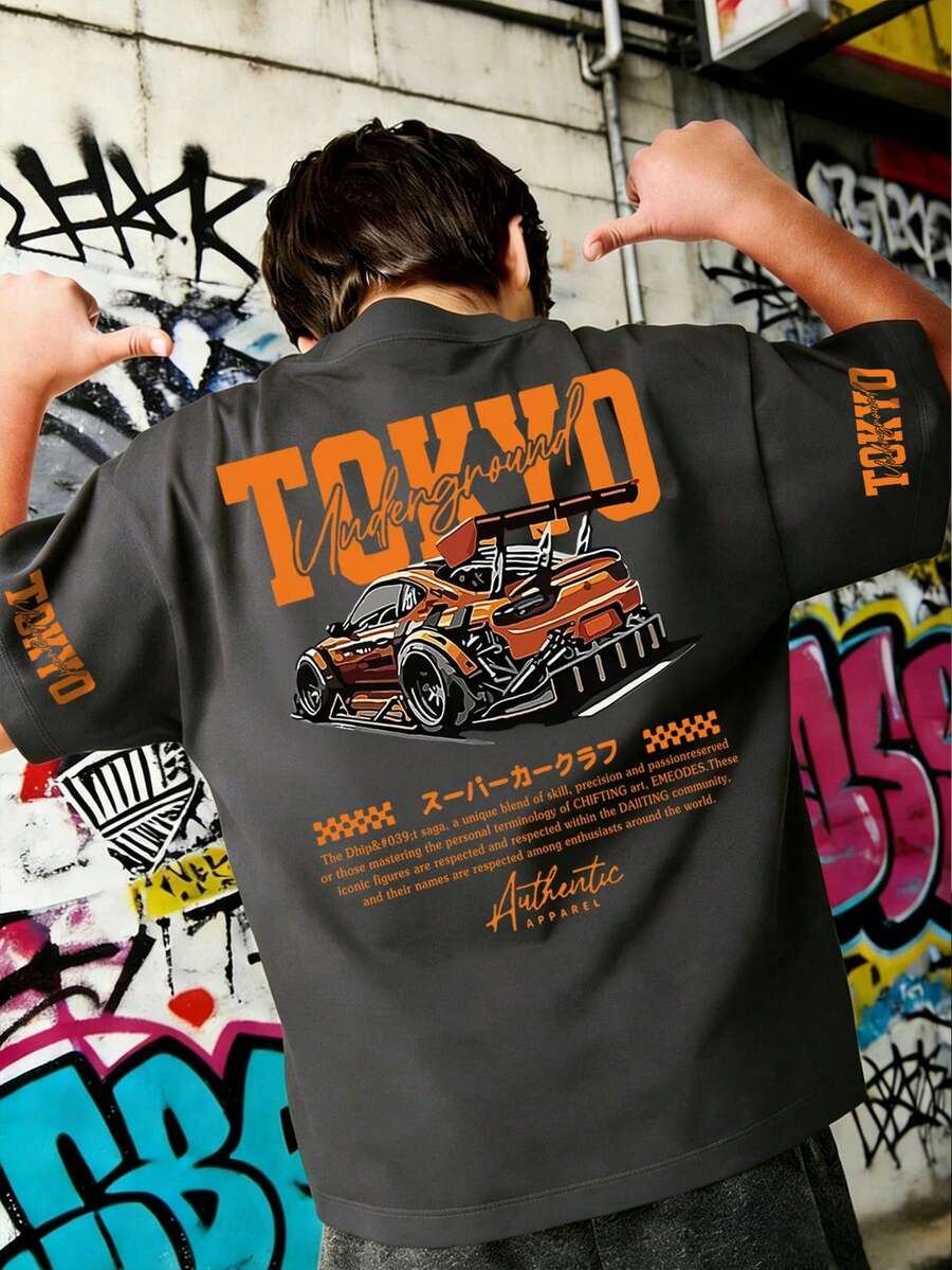 Tween Boys Casual Printed Crew Neck Short Sleeve T-Shirt, Summer Top - Dark Grey - View 1