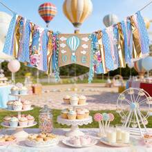 一套粉色和蓝色热气球云朵流苏花环，适合一周岁生日派对 - 查看 4