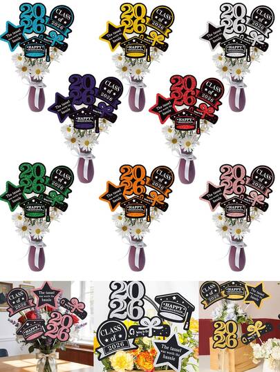 1套/5个彩色毕业帽五角星2026图案纸质装饰品 | 桌面中心装饰、毕业派对装饰、祝贺毕业派对用品、派对礼物、毕业派对装饰品