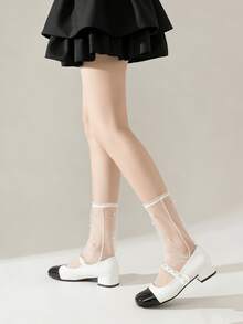 1 đôi tất dài đến bắp chân mỏng, màu đen/trắng, chất liệu lụa trong suốt, kiểu dáng lãng mạn, thích hợp cho mùa xuân và mùa hè. - Nhiều màu - Xem 11