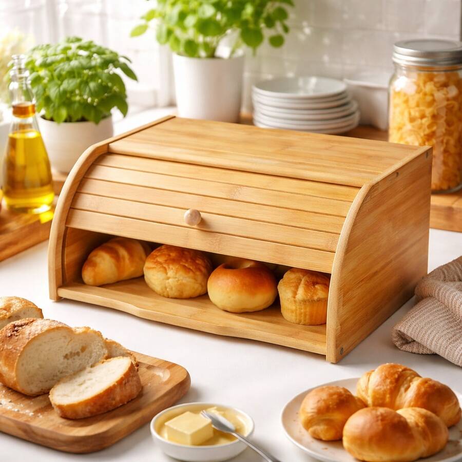 Wooden Bamboo Roll-Top Bread Bin Loaf Box Large Capacity Bread Storage For Kitchen 40*27*16.5cm - View 1
