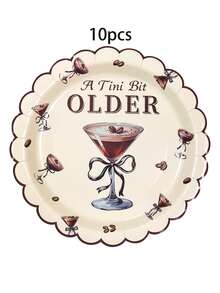 10件/20件/50件/80件 Espresso Martini 主題派對餐具套裝，A Tini Bit Older 主題 7/9英吋紙盤、紙巾、紙杯，復古奶油色波浪邊，咖啡豆與馬丁尼酒杯圖案，適用生日、雞尾酒、單身派對 - 多色 - 查看 12