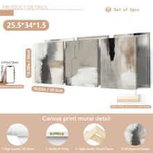 3 件套现代简约墙面艺术海报，米色、黑色、灰色帆布印刷品，抽象水彩海报，当代简约墙面艺术，侘寂风格，可选择带框或不带框，家居装饰，理想的乔迁礼物，宿舍公寓装饰，酒店、住宅、客厅、卧室、浴室和办公室墙面装饰 - A - 查看 13