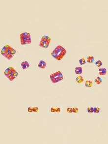 24 Stück Regenbogen Polka Dot Graffiti Stil Tragbare Zehen- und Fersen-Nagelabdeckungen, Y2K Nail Art kurze quadratische Nägel - Verschiedenfarbig - Übersicht 2