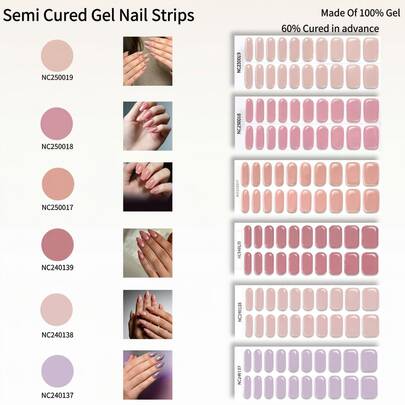 20pcs Spring/Summer Transparent & Soft Solid Color Gel Nail Stickers, Nude Pink, Beige, Lavender Options, Versatile For Daily, Commute, Wedding, Party, Glossy Finish, Long-Lasting, Requires UV Lamp