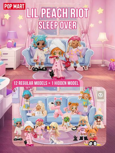  POP MART Peachies 睡衣派对系列盲盒，12款常规版+1款隐藏版，PVC/ABS材质，5-9厘米睡衣派对主题设计，可爱动漫女孩枕头大战场景桌面摆件，收藏版成人粉紫蓝美学睡衣派对艺术摆件，适用于家居、办公室、卧室，是生日、节日、周年纪念日的完美礼物，设计师可爱朋克时尚角色收藏套装