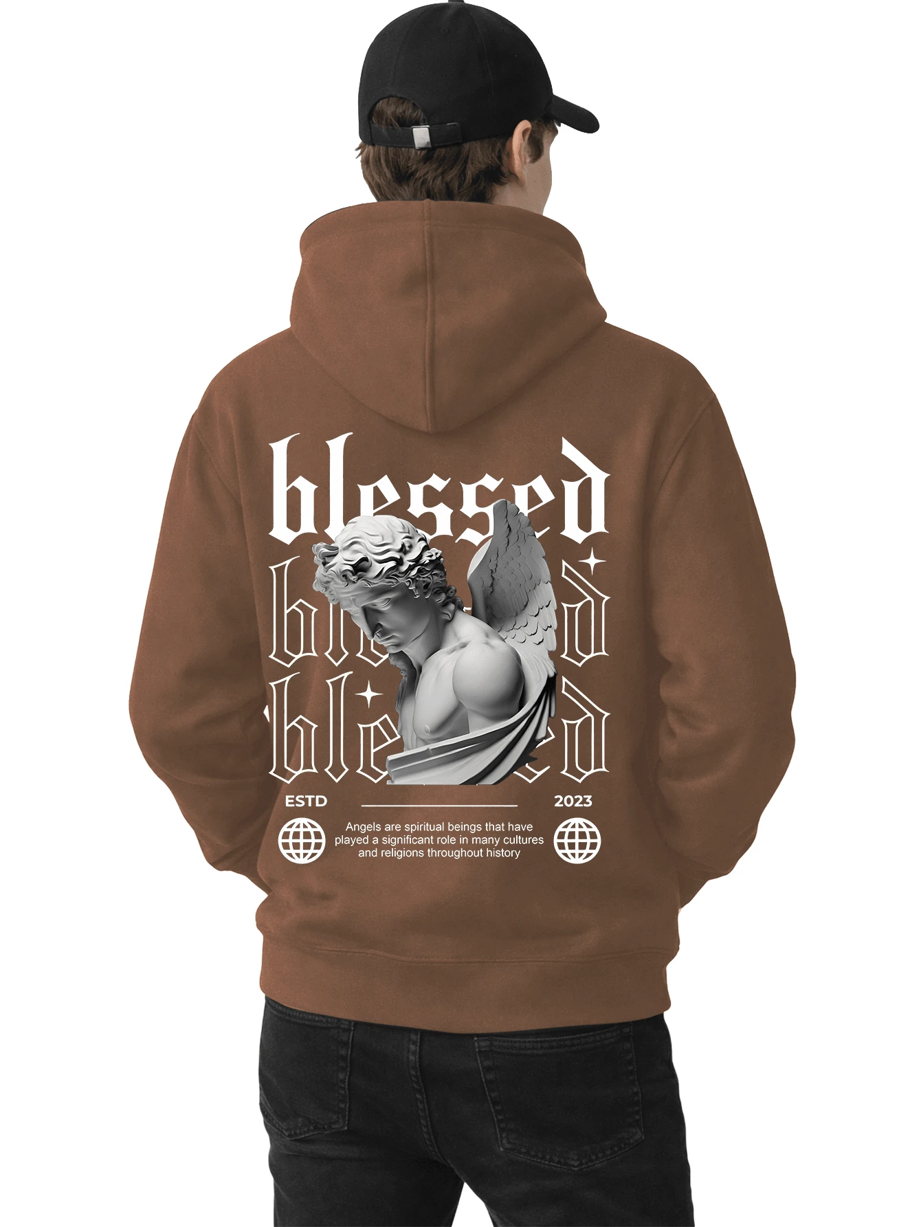 Men's Fleece Hoodie, Street Style, Print, Statue Writing, Streetwear, Long Sleeve Hooded Sweatshirt, Unisex Jacket With Pocket. - 鏽棕色 - 查看 1