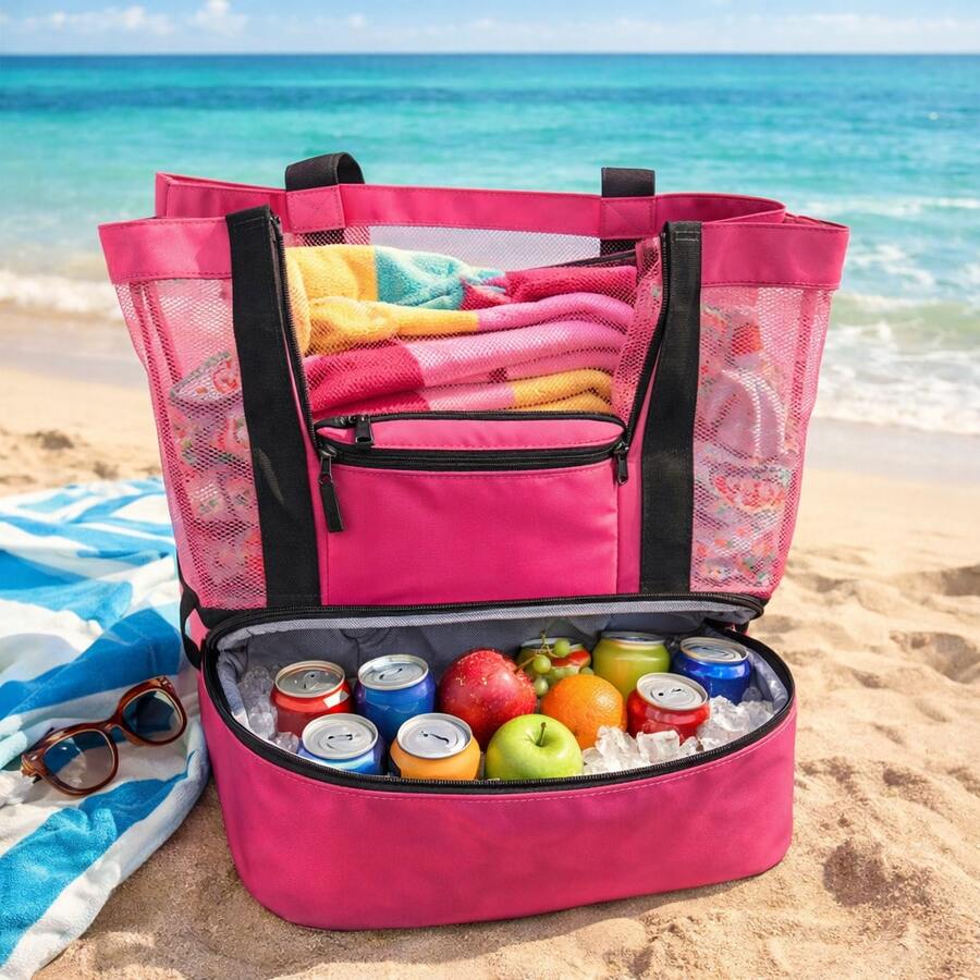 Summer Beach Mesh Tote Bag With Cooler Compartment – Large Picnic Pool Travel Bag - A - View 1