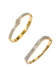 Vòng tay mạ vàng 18K bằng thép không gỉ cao cấp, đính hai hàng đá Cubic Zirconia, thích hợp cho đi làm hàng ngày, dự tiệc và các dịp trang trọng. - Vàng - Xem 9