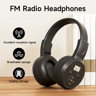 F4 Foldable FM Radio Headphones, Battery Powered, Auto Tuning, Preset Stations, Compact & Portable For Running, Sports, Meetings, Racing
