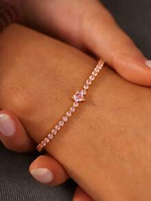 S925 Silver Hypoallergenic Pink Heart CZ Tennis Bracelet Delicate Gift For Girlfriend Gift Box Set - Gold - View 3