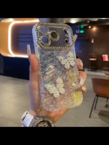 Pearl 3D Pearl Butterfly Apple 16 ProMax Phone Case, Elegant Lady Style 15 Pro High-End Rhinestone Mirror Frame 14 Plus Transparent Epoxy Women - White - View 11