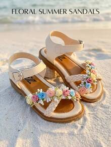 Kids Girls Beige Floral Applique Open Toe Sandals, Braided Strap Ankle Buckle Flat Sandals, Colorful 3D Rose & Lace Decor, Non-Slip Rubber Sole, Comfortable Padded Insole, Breathable Open Toe Design, Sweet Princess Style, Perfect For Beach, Summer, Casual Daily Wear, School, Playdates, Vacation & Party Outfits, Lovely Kids Footwear For Toddlers & Little Girls - Beige - View 1
