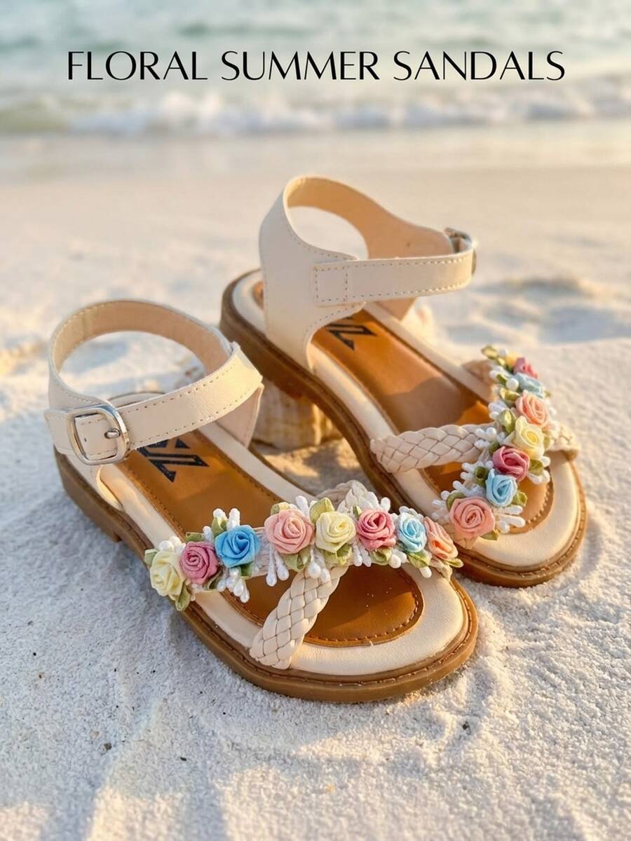 Kids Girls Beige Floral Applique Open Toe Sandals, Braided Strap Ankle Buckle Flat Sandals, Colorful 3D Rose & Lace Decor, Non-Slip Rubber Sole, Comfortable Padded Insole, Breathable Open Toe Design, Sweet Princess Style, Perfect For Beach, Summer, Casual Daily Wear, School, Playdates, Vacation & Party Outfits, Lovely Kids Footwear For Toddlers & Little Girls - Beige - View 1
