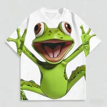 Áo thun nam in hình ếch 3D, thiết kế hoạt hình ngộ nghĩnh, áo thoải mái thường ngày cho kỳ nghỉ hè, chất liệu polyester. - trắng - Xem 2