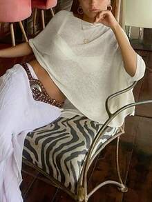 女士夏季纯色镂空蝙蝠袖船领宽松罩衫轻薄网眼防晒针织上衣，休闲风格，简约性感氛围，甜美清爽性感海滩度假旅行装 - 杏色 - 查看 3