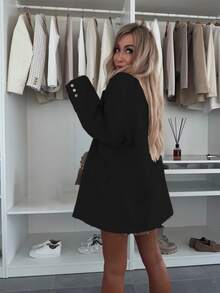 女士时尚优雅纽扣翻领休闲西装外套，适合通勤和日常休闲穿着，黑色，春季款 - 黑色 - 查看 3