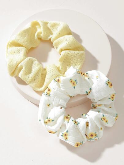 1pc Women & Girls Floral Embroidered Hair Scrunchie, Cute Sunflower & Solid Color Knitted Hair Ties, Soft Elastic Hair Bands For Ponytail
