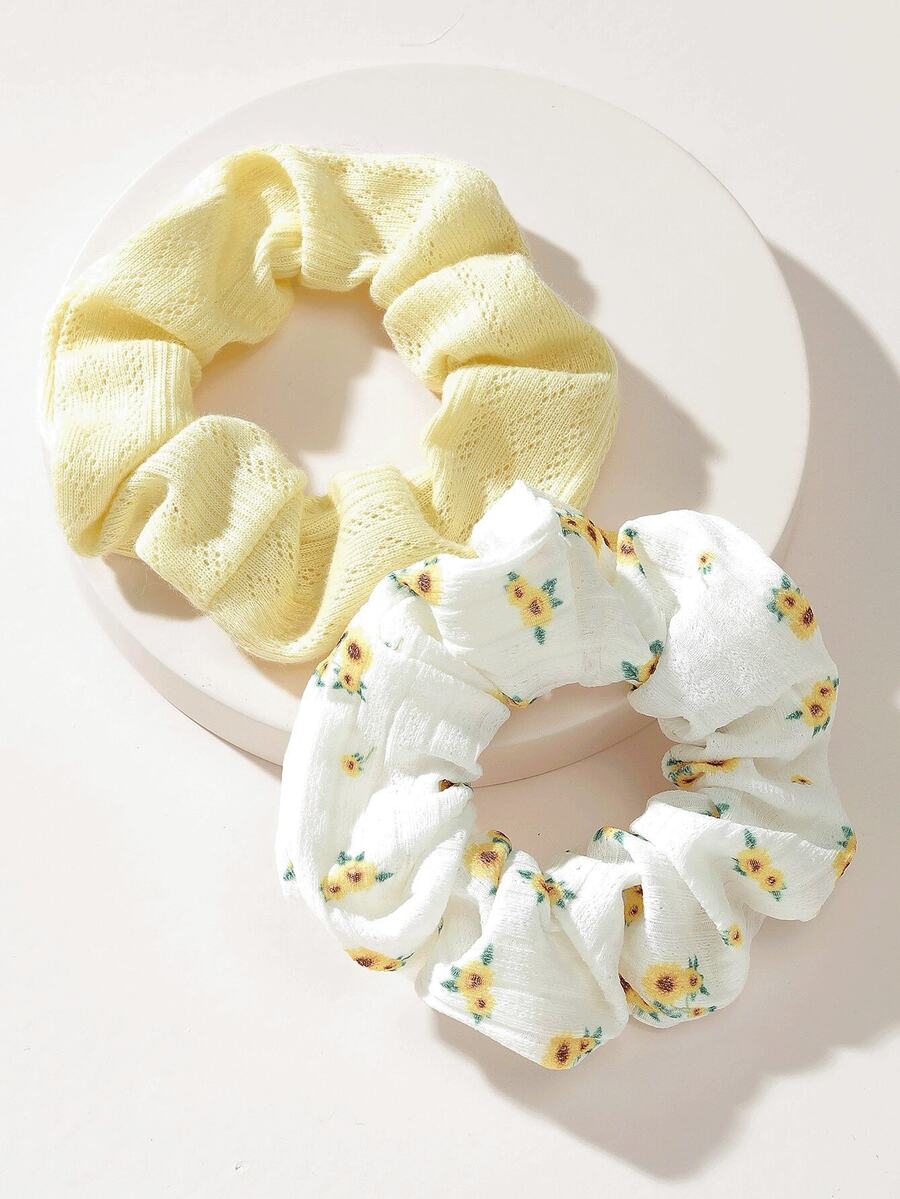 1pc Women & Girls Floral Embroidered Hair Scrunchie, Cute Sunflower & Solid Color Knitted Hair Ties, Soft Elastic Hair Bands For Ponytail - Multicolor - View 1