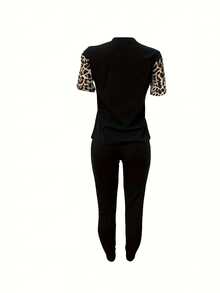 Áo thun và quần legging họa tiết da báo, màu đen, phong cách thường ngày, thanh lịch cho mùa hè. - màu đen - Xem 2