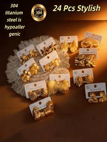 24件套钛钢时尚耳环套装，随机发货，独特复古叠戴戒指。镌刻闪亮多色元素，304不锈钢材质。适合日常佩戴和派对装饰。耳环，14k金耳环，花朵耳环，可爱耳环，波西米亚风耳环，金耳环，趣味耳环，圈形耳环 - 24 Pcs優雅套裝 - 查看 1