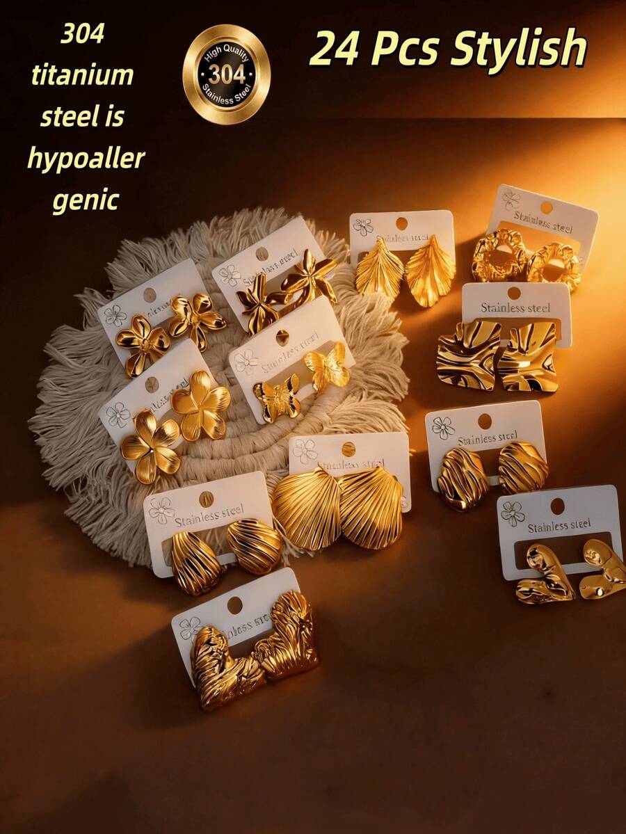 24件套钛钢时尚耳环套装，随机发货，独特复古叠戴戒指。镌刻闪亮多色元素，304不锈钢材质。适合日常佩戴和派对装饰。耳环，14k金耳环，花朵耳环，可爱耳环，波西米亚风耳环，金耳环，趣味耳环，圈形耳环 - 24 Pcs優雅套裝 - 查看 1