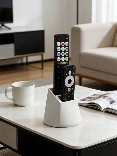 1pc Modern Remote Control Holder, Dual Slot Remote Organizer Rack For TV/DVD/Blu-Ray/Audio System/Gaming Console - Living Room Bedroom Media Storage Shelf - Decorative Remote Control Storage Box With Storage Space - No Power Needed, Easy To Use, 3D Printed Durable Plastic Storage Box Fits 2 Remotes, Suitable For TV, AC, Lamp Remotes And Office Supplies