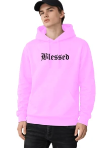 Men's Fleece Hoodie, Street Style,  Print, Statue Writing, Streetwear, Long Sleeve Hooded Sweatshirt, Unisex Jacket With Pocket. - 淺粉色 - 查看 2