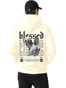 Men's Fleece Hoodie, Street Style,  Print, Statue Writing, Streetwear, Long Sleeve Hooded Sweatshirt, Unisex Jacket With Pocket. - 杏色 - 查看 1