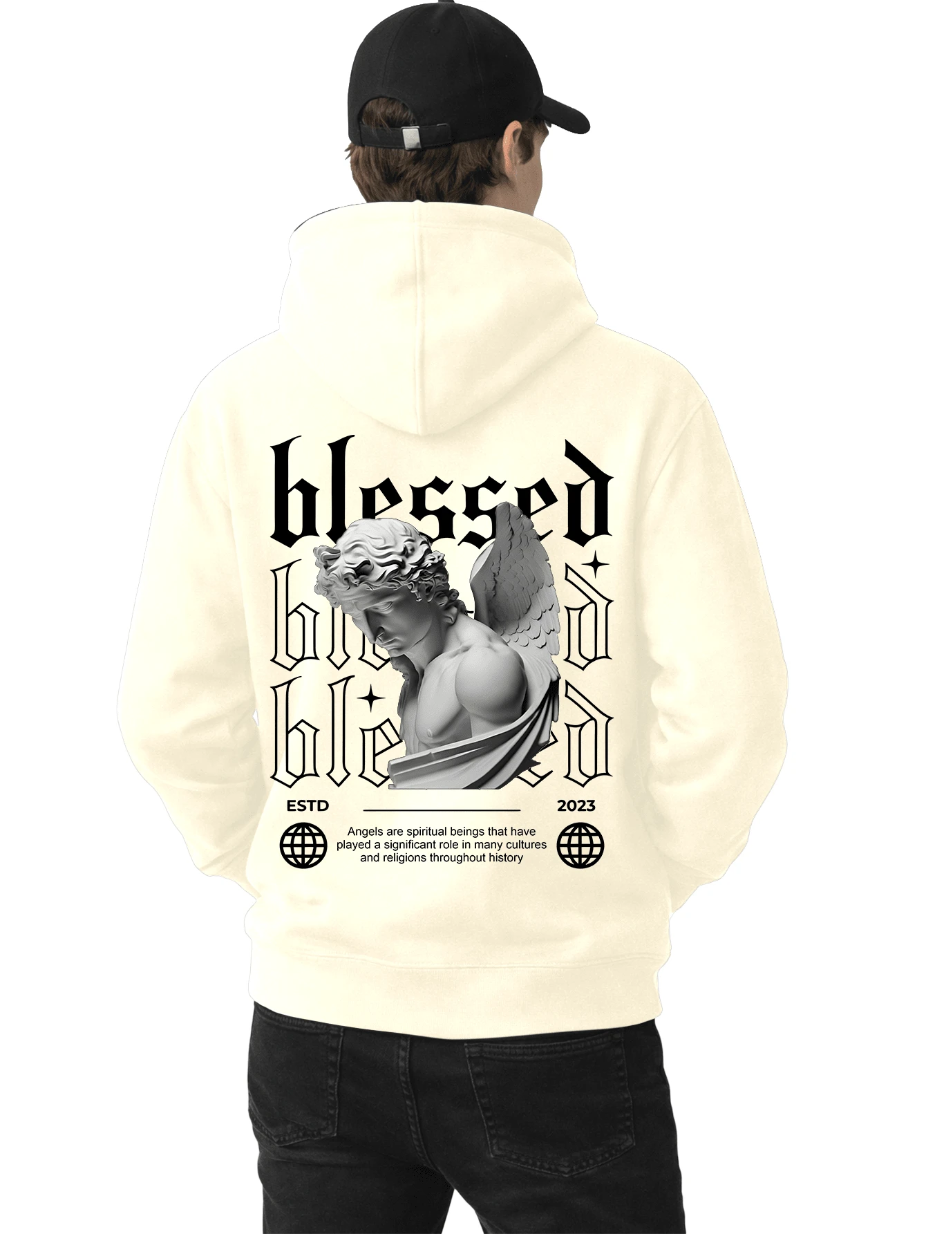 Men's Fleece Hoodie, Street Style, Print, Statue Writing, Streetwear, Long Sleeve Hooded Sweatshirt, Unisex Jacket With Pocket. - 杏色 - 查看 1