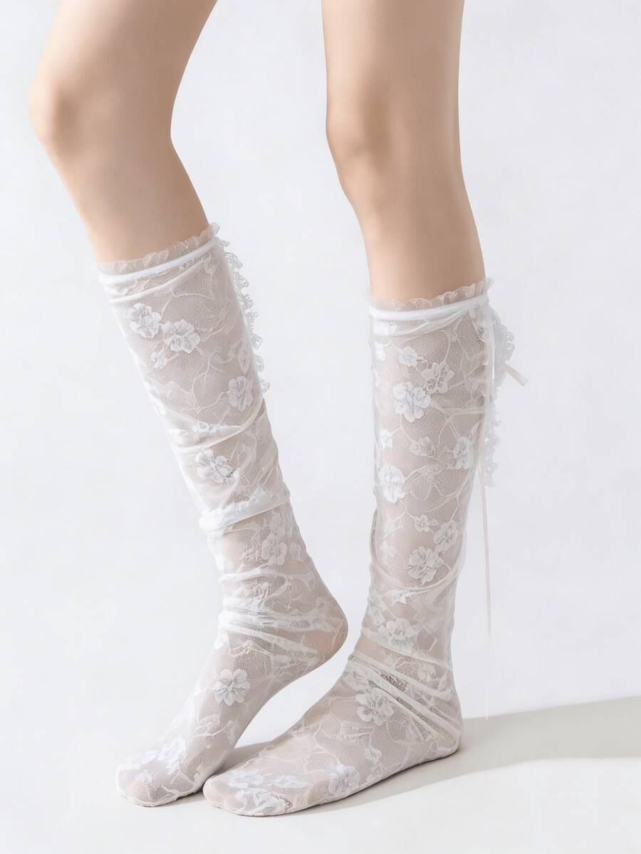 1双黑白新款甜美蕾丝花卉镂空珍珠蝴蝶结过膝袜，春夏款 - 彩色 - 查看 1