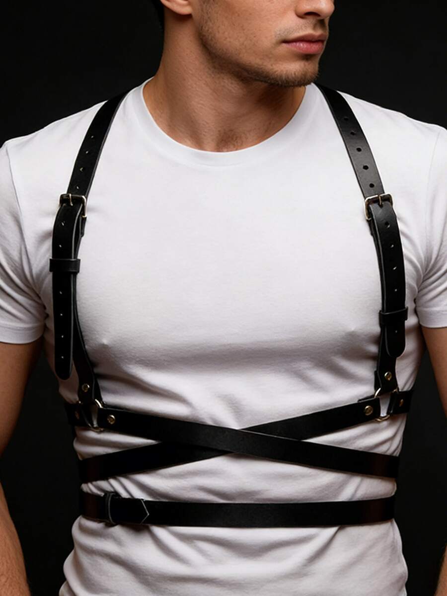 极简男士PU皮吊带，可调节胸带，经典朋克风双肩带，适合日常搭配衬衫和角色扮演 - 黑色 - 查看 1