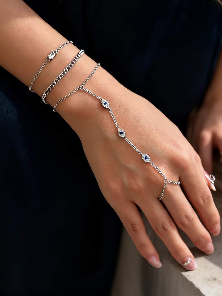 Bộ 3 vòng tay hình mắt quỷ đính đá Cubic Zirconia tinh tế, nhiều lớp có thể đeo chồng lên nhau, phù hợp cho phụ nữ đeo trong các bữa tiệc, họp mặt, lễ hội âm nhạc, là món quà trang sức bảo vệ. - Bạc - Xem 1