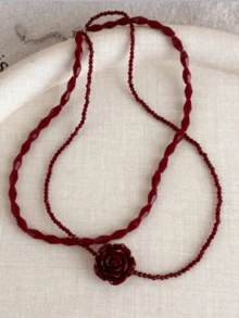 1pc Women's Vintage French Red Rose And Black Rose Flower Double Layer Necklace, Unique Design Choker Collarbone Chain - Necklace - View 4