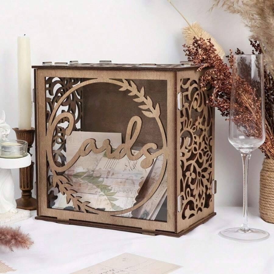 1 Peça Caixa de Cartão de Casamento de Madeira, 9.84*9.84 Polegadas, Decoração de Festa de Casamento da Noiva, Decoração de Festa de Aniversário, Decoração de Chá de Bebê, Decoração de Festa de Aniversário, Caixa de Cartão e Saudação, Caixa de Cartão de Casamento de Madeira para Festa - 1PC - Visão 1