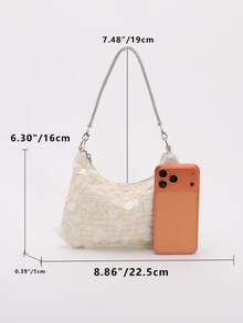 Women's Cream White 3D Sequin Hobo Shoulder Bag, Removable Chain Strap Evening Party Handbag - Champagne - View 8