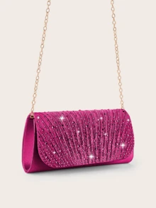 Glamorous Sparkling Rhinestone Decor Chain Bag, Magnetic Closure, Elegant Fashion Party Clutch, Suitable For Women's Birthday Party, Charming Evening Shoulder Bag - Hot Pink - View 3