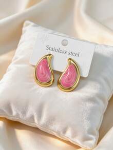 Women's Large Teardrop Earrings With Faux Pearl Inlay - Modern Elegant Statement Jewelry - Gold - View 2