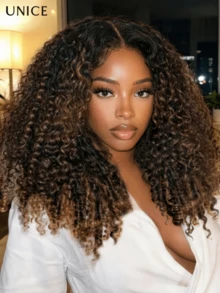 UNice 7x5 Bye Bye Slip™ Glueless Lace Black To Chestnut Brown Ombre Burmese Curly With Finger Coil Ends Wig-Put On & Go With Invisi Drawstring Human Hair Wig Glueless Lace Front Wig Pre Plucked Pre Cut Put On And Go Wear And Go Glueless Human Hair Wig 150% - Black to Chestnut Brown - 查看 2