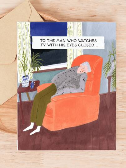 Thiệp chúc mừng hài hước "Người đàn ông ngủ gật khi xem TV" - Hình minh họa người bố đang ngủ dễ thương - Thiệp chúc mừng Ngày của Cha/Sinh nhật vui nhộn dành cho bố, ông.