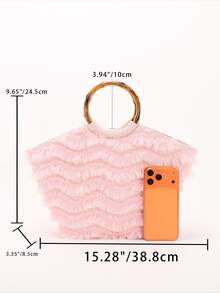 Women's Sweet Pink Ruffled Tulle Bamboo Handle Mini Tote Bag, Summer Fairy Style Vacation Top Handle Handbag - Pink - View 3