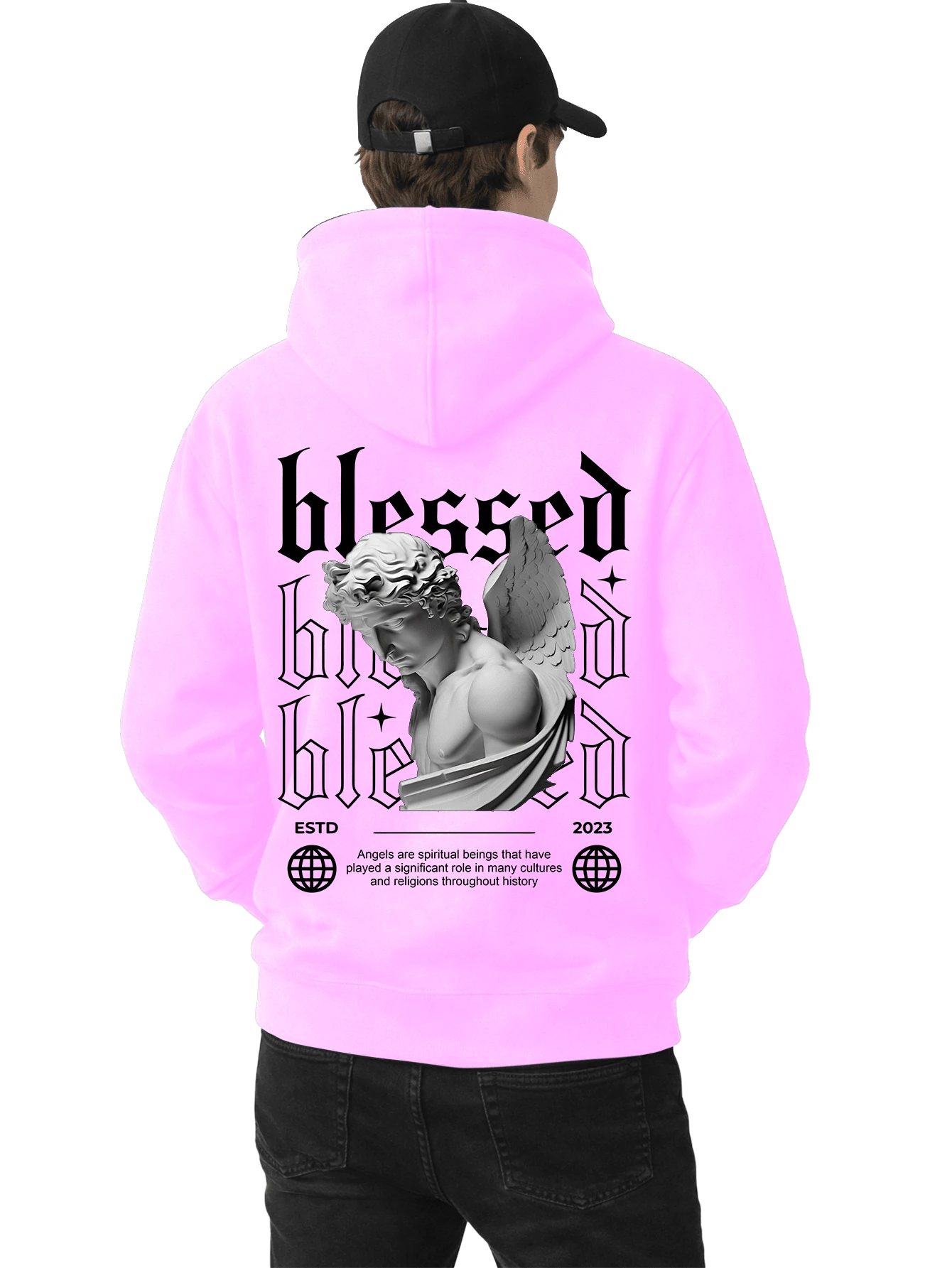 Men's Fleece Hoodie, Street Style, Print, Statue Writing, Streetwear, Long Sleeve Hooded Sweatshirt, Unisex Jacket With Pocket. - 淺粉色 - 查看 1