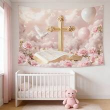 1pc Elegant Wedding & Baptism Banner With Cross  Bible Pink Rose - Clouds Balloons Suitable For Holy Communion, Christening, Wedding Decorations, Shower - 2D Flat Fabric Banner Decor, Photography Props, Durable Party Backdrop |   Outdoor Garden Decor | Party Decor, Holiday Decor, Background Cloth - Kiểu_1 - Xem 5