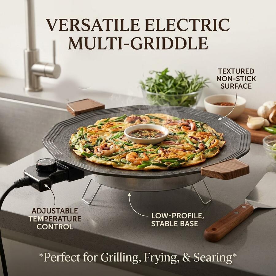 AORAN Versatile Electric Griddle & Skillet: Non-Stick, Adjustable Temp, Foldable Portable BBQ Grill. Perfect For Home, Dorm, Camping. Fast Heating, Easy Clean. Enjoy Healthy Brunch, Dinner, Paella. All-In-One Cooker & Party Essential! - US B Type Plug(110-127V) - View 1
