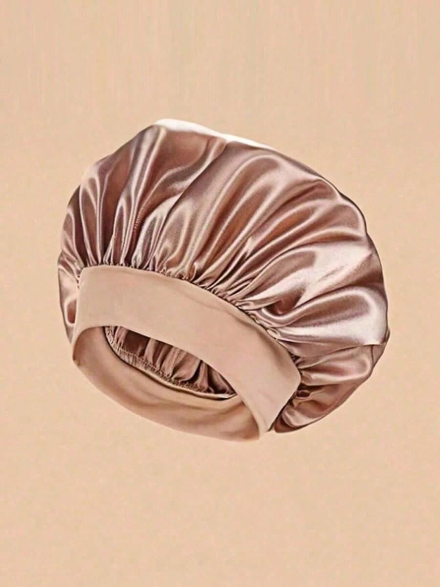1pc Silk Sleep Cap, Satin Hair Cap, Women Wide Brim High Elasticity Cap, Charmeuse Sleep Cap, High-End Satin Hair Care Cap, Curly Hair Silk Headband (Black & Gold) Hair Sleep Cap Sleep Bonnet - 卡其色 - 查看 1