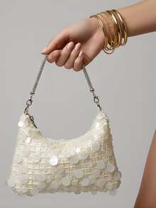 Women's Cream White 3D Sequin Hobo Shoulder Bag, Removable Chain Strap Evening Party Handbag - Champagne - View 2